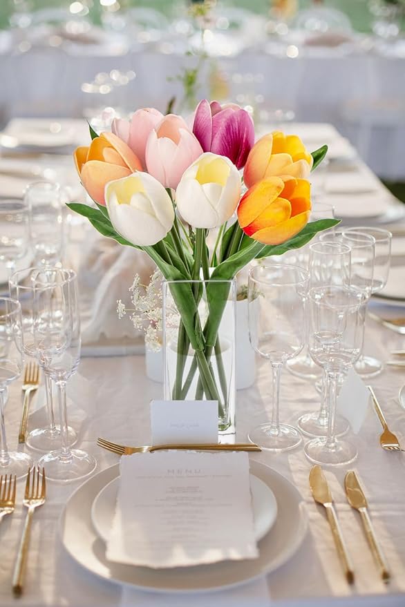 Briful Fake Flowers Artificial Tulip Flower in Clear Vase, Multi Color Real Touch Foam Tulip Arrangement Suitable for Home Office Decoration, Dining Table Centerpiece