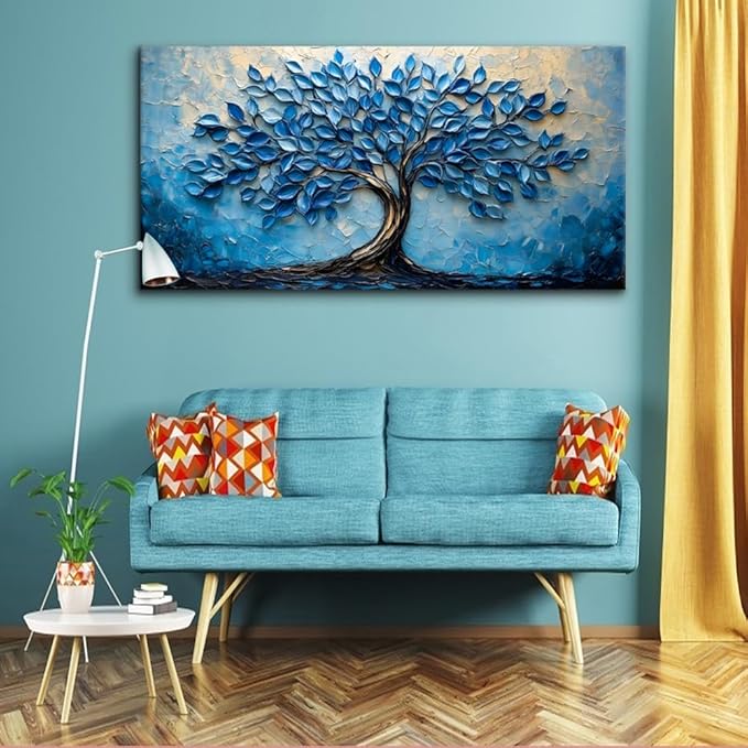 LAVIKARS Modern Tree of Life Wall Art for Living Room Office Navy Blue Abstract Oil Landscape Canvas Painting Prints Large Nature Artwork Home Kitchen Bedroom Decor (23x46 Inches)