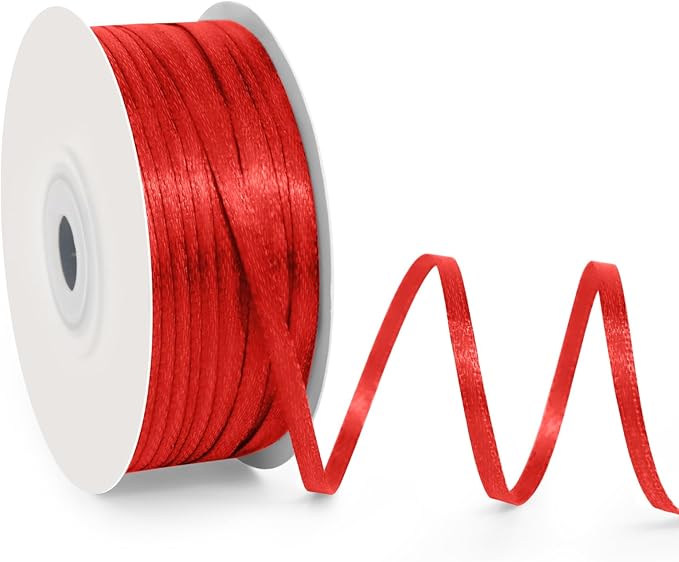 1/8" Wide x 100 Yards Single Face Polyester Satin Ribbon, Satin Ribbon for Crafts, Gift, Hair Bows, Wedding Party Decoration, Bow Making & Other Projects (Red)