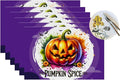 PVC Placemats Set of 6 Wipeable Table Mats Washable Heat Resistant Non Slip Vinyl Dining Table Mat for Kitchen Indoor Outdoor Patio Farmhouse Place Mats Funny Purple Halloween Pumpkin Decorative