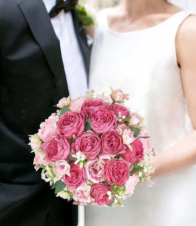 Mkono Peonies Artificial Flowers, Small Silk Flowers for Home Decor Indoor Fake Bouquet Faux Floral Arrangements Dining Table Centerpieces for Kitchen Bridal Wedding Party Decor Mixed Pink