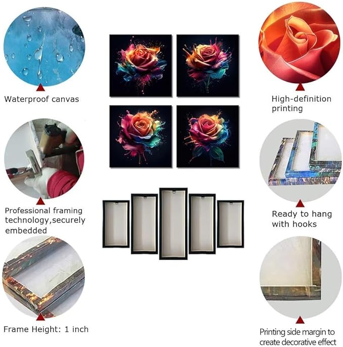 Pankila Colorful Rose Wall Art Rose Floral Pictures Canvas Prints Abstract Rose Flower Wall Decor for Living Room Bedroom Bathroom Home Decorations Framed Artwork (16''W x 16''H x 4)