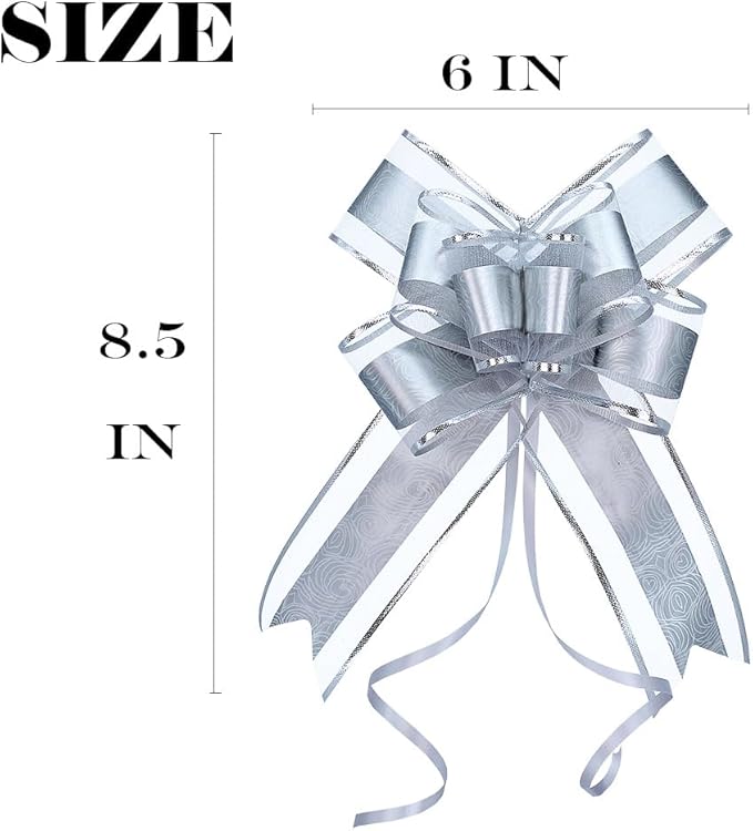 WEWILUCK Big Bow for Present, 15 PCS Pull Gift Bows for Gift Wrapping, Gift Baskets, Christmas, Wedding, and Birthday Party Decor(Silver with Rose Pattern, 6 inches)