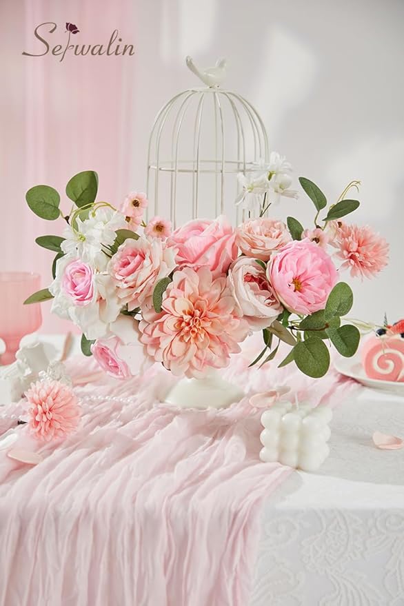 Serwalin Artificial Pink Flowers, Cake Silk Flowers for DIY Wedding Bouquets Fake Flowers, Table Centerpieces Baby Shower Birthday Party Home Decorations