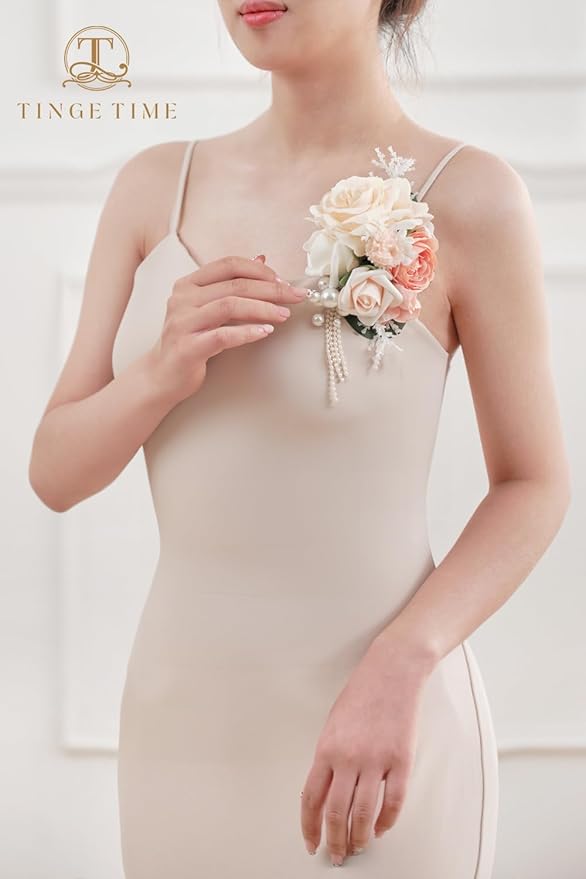 TINGE TIME Artificial Shoulder Corsages Flowers, Set of 2, Mother of The Bride Floral Corsage for Wedding Ceremony Anniversary Formal Dinner Party (Dusty Rose & Champange)