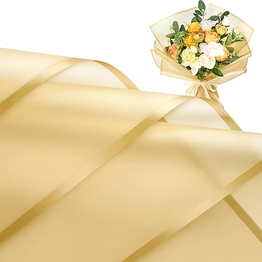 20 Sheets Gold Flower Wrapping Paper, Waterproof Floral Wrap Gold Edge Bouquet Wrapping Paper Florist Supplies (22.8 x 22.8 inch)