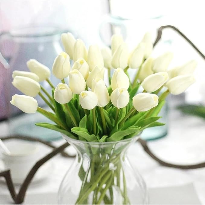 NIDONE Artificial Tulips Flowers Real Touch Tulips Holland PU Bouquet Latex Flower White for Wedding Party Office Home Kitchen Decoration 30pcs (White)