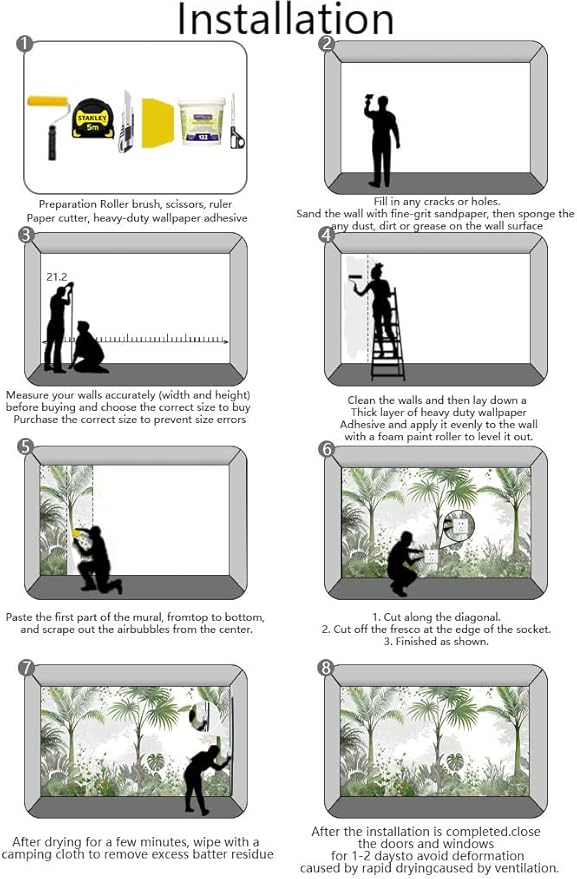 Woods Botanical Landscape Mural, Green Leafy Botanical Wallpaper, Suitable for Bedroom, Living Room, Bathroom Background Wall Decoration（Non-self-Adhesive）