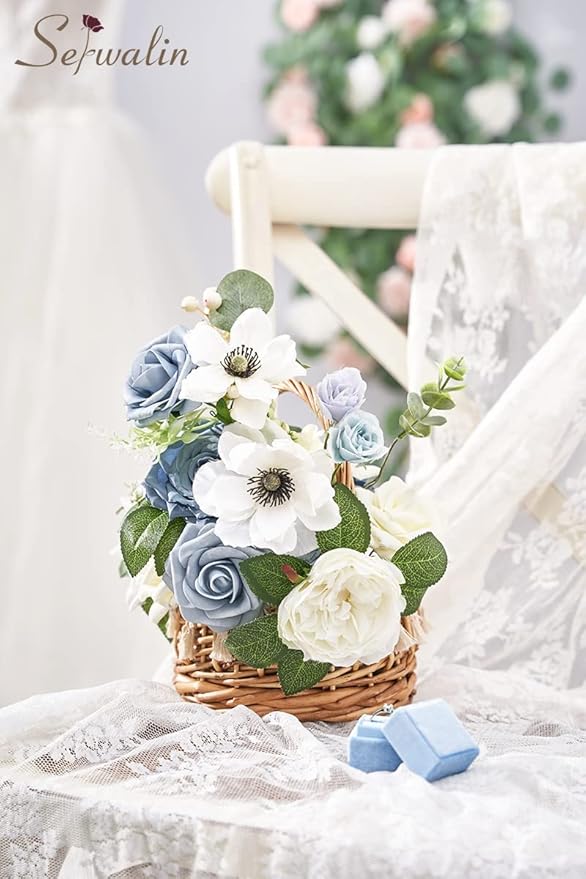 Serwalin Artificial Flowers, Dusty Blue Silk Fake Flowers Cake Flower for Wedding Bouquet Table Centerpieces Arrangements Party Baby Shower Home Decor Floral Arrangement