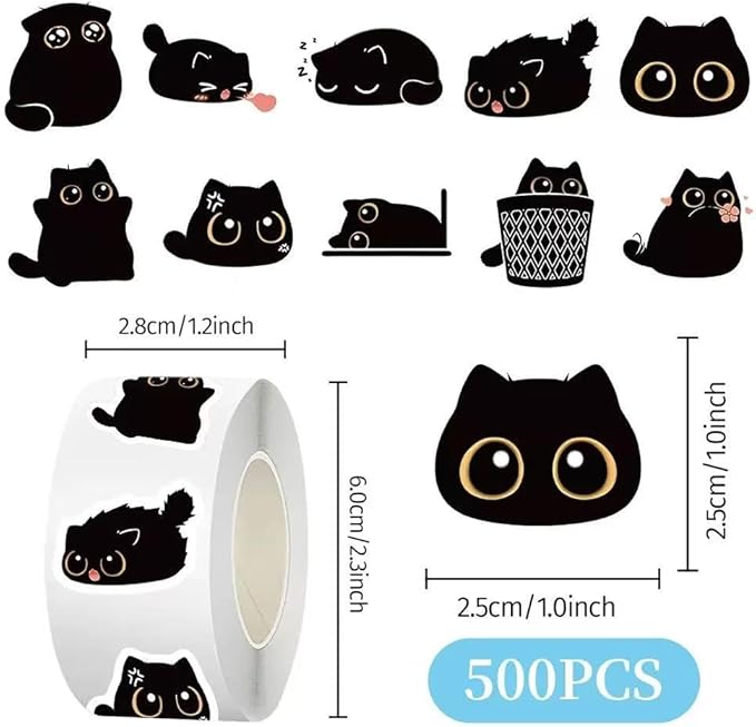 1000 Pcs Black Cats Decor Stickers Bulk 2 Roll 1 Inch,Cute Animal Sticker Pack Book Water Bottles Laptop,Cartoon Cat Meme Stickers for Boys Girls