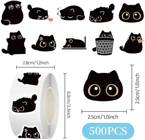 1000 Pcs Black Cats Decor Stickers Bulk 2 Roll 1 Inch,Cute Animal Sticker Pack Book Water Bottles Laptop,Cartoon Cat Meme Stickers for Boys Girls