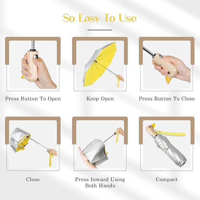 Cute Duck Umbrella Automatic - Compact Pretty Pocket Size Strong Duck Collapsible Umbrella Yellow Wooden Handle for Women