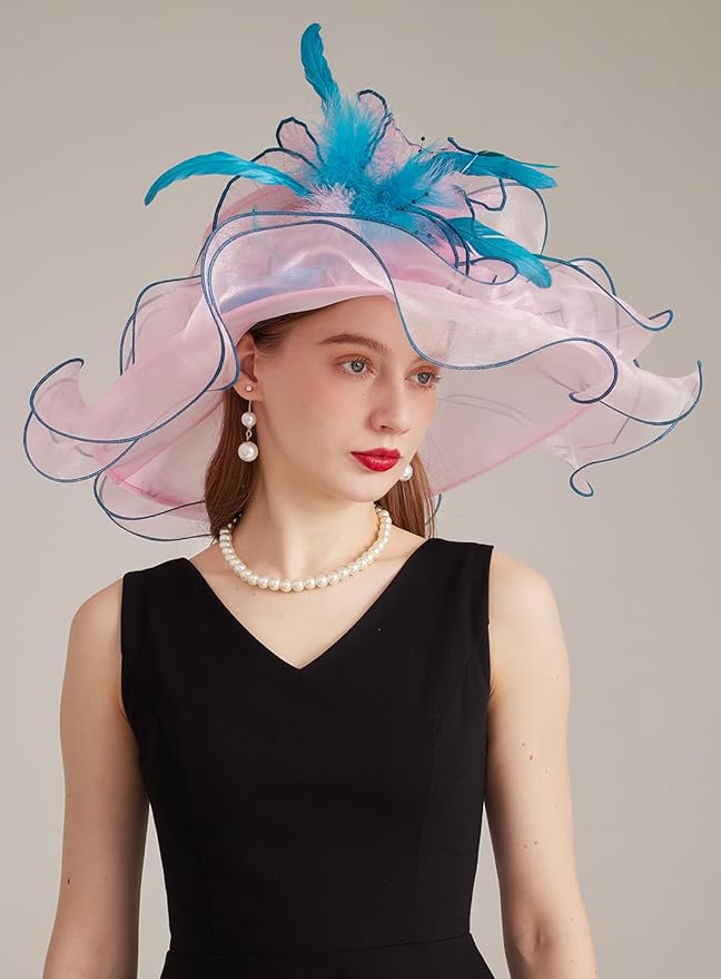 Organza Derby Hats for Women Wide Brim Fascinator Hat Rose Flower Wedding Tea Party Hat