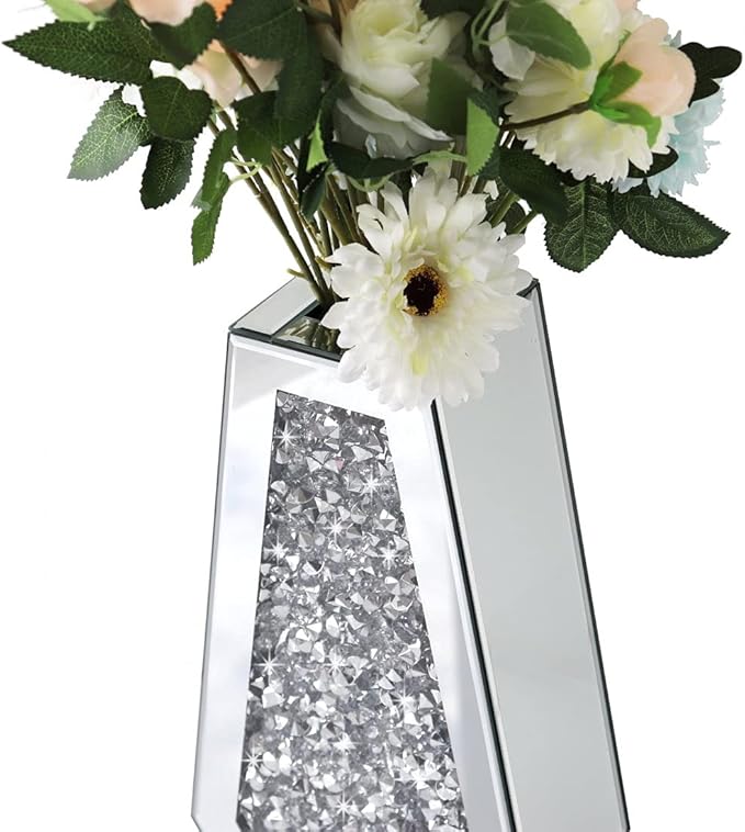 Flower Vase Crushed Diamond Mirrored Vase Crystal Silver Glass Decorative Mirror Vase Large Size Luxury for Home Decor. Diamond Shape Thickened. Can’t Hold Water.