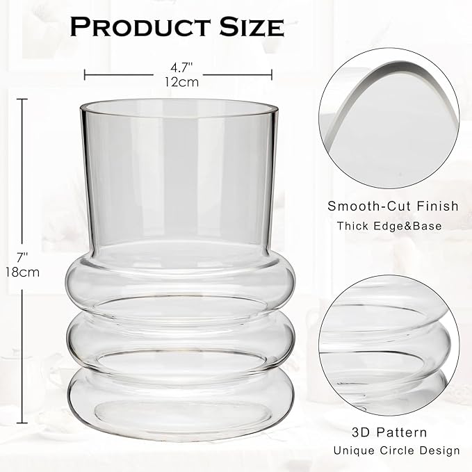 Clear Glass Flower Vase, 7" x 4.7" Thickened Hydroponic Flower Vase Transparent Modern Geometric Glass Vase for Home Living Room Wedding Centerpieces Office Table Decor