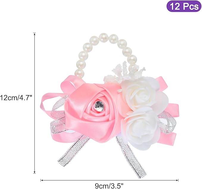 MECCANIXITY 12Pcs Wrist Corsage Artificial Flower Bracelets Rose Wrist Bride Groom Decorative for Wedding Ceremony Prom Party Anniversary Pink