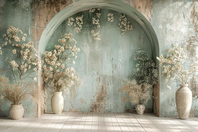 7x5ft Countryside White Flower Backdrop Vintage Medieval Building Concrete Wall Background for Wedding Valentines Day Mother-to-be Bridal Shower Birthday Princess Couples Women Portrait