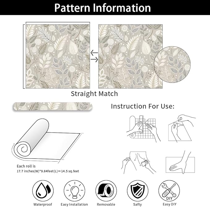 Gray Leaf Peel and Stick Wallpaper Grey White Floral Contact Paper Easy Peel Off Self-Adhesive Removable Stick on Wall Paper for Kitchen Cabinet Drawer 17.71" X 118.1"