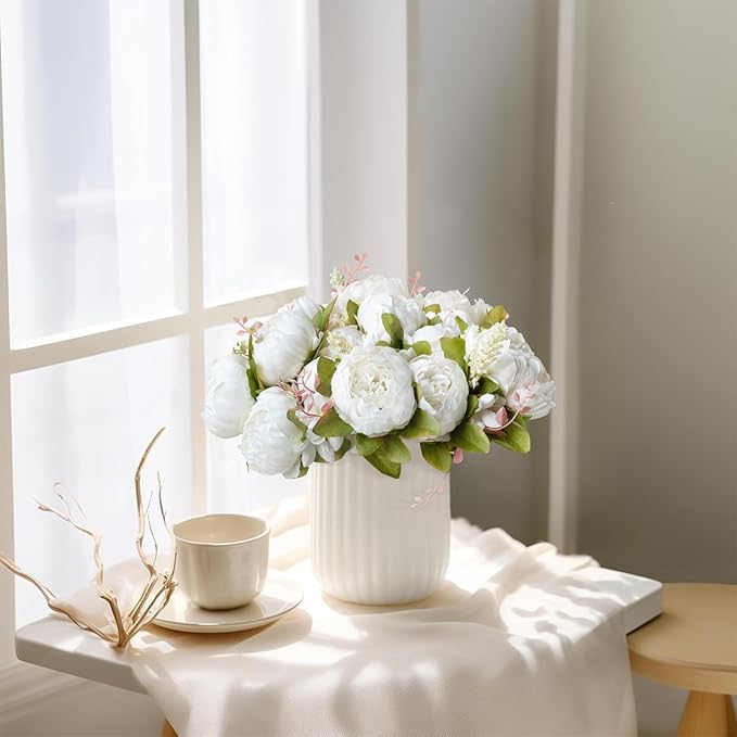 Mkono Peonies Artificial Flowers, 2 Packs 13 Stems Faux Peony Flowers Real Touch Fake Silk Bouquet for Arrangements Dining Table Centerpieces for Kitchen Bridal Wedding Party (2, White)