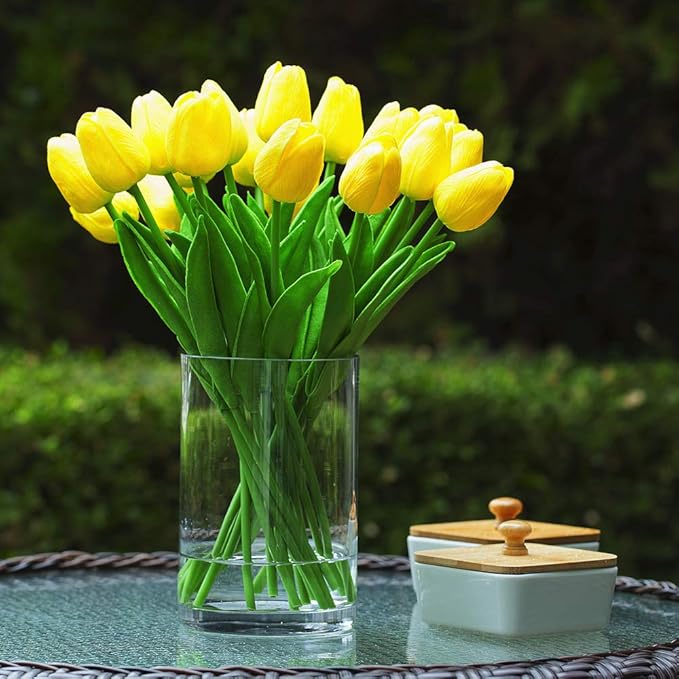 ENOVA HOME 20 Pieces Artificial Real Touch Tulips Flower Arrangement in Glass Vase with Faux Water for Home Decoration (Yellow)