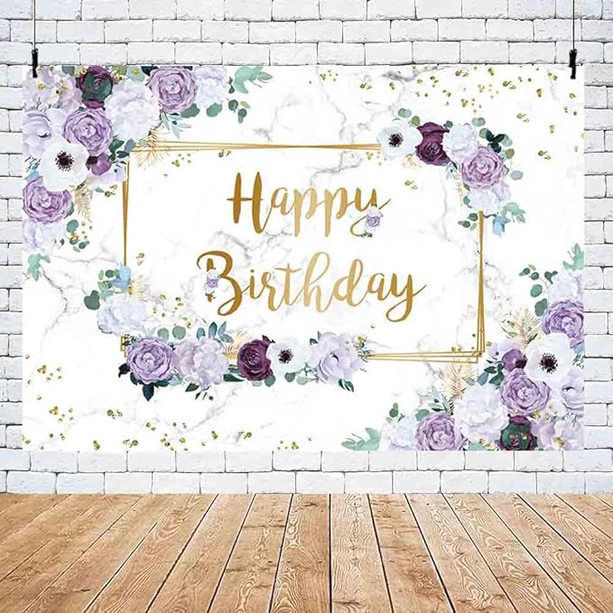 MEHOFOND 10x7ft Happy Birthday Backdrop Purple and White Flowers Bday Photography Background Girls Geometric Gold Glitter Dots Birthday Floral Party Decorations Cake Smash Decor Studio Photo Props