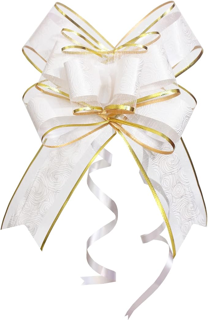 Pull Bows for Gift Wrapping, 15 PCS Large Gift Bow Bulk for Presents Package, Gift Baskets, Christmas, Wedding, and Party Decor (White with Tulle & Gold line, 6 inches)