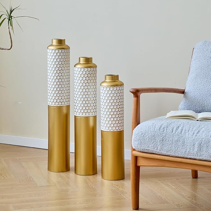Floor Oversized Gold Metal Decorative Vase with 3D Triangle Pattern Set of 3 Large Vases for Home Living Room 33.5 ", 29.5 ", 25.2" High (Gold+White)