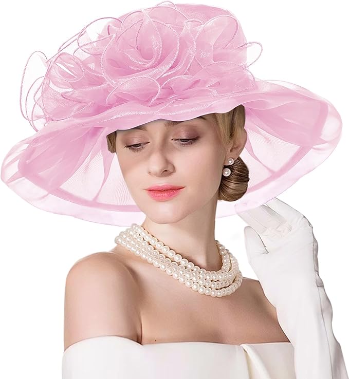 Organza Derby Hats for Women Wide Brim Fascinator Hat Rose Flower Wedding Tea Party Hat