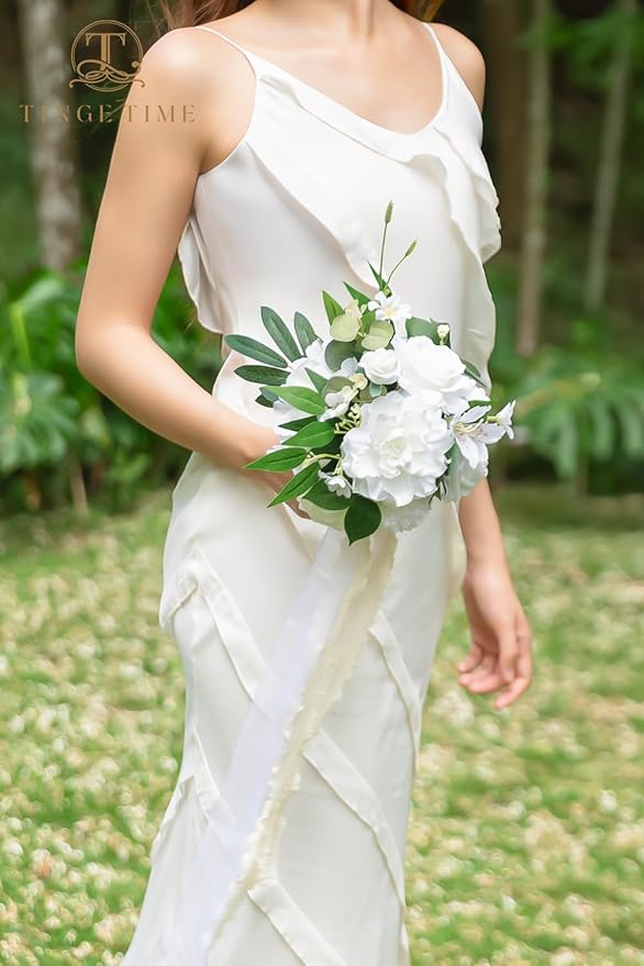 TINGE TIME 7" Bridesmaid Bouquet Set of 4, Wedding Bouquets for Bridesmaid, Perfect for Wedding Bouquets for Bride, Ideal for Bridal Shower, Rehearsal Dinner, Vintage Party (IvoryWhite)
