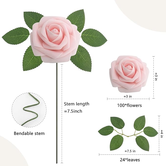 Artificial Flowers Blush Roses 100PCS Real Looking Foam Fake Roses with Leaves and for DIY Wedding Bouquets Bridal Shower Centerpieces Party Decorations (Light Pink, 100)