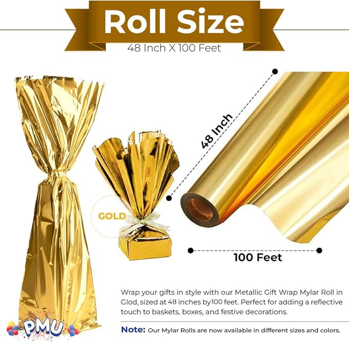 PMU Gift Wrap Mylar Roll Metallic Gold 2-sided, 48 Inches X 100 Ft Roll 1.4 Mil Highly Reflective Mylar Film, Great for Gifts, Birthdays, Christmas, Baskets, Arts & Crafts