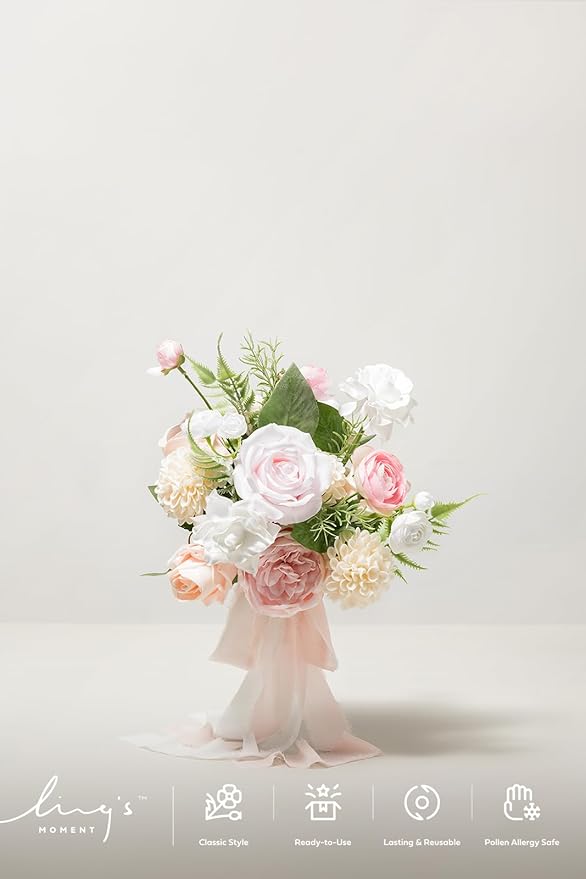 Ling's moment Artificial Flowers Pink Bridesmaid Bouquet Set of 4, Blush & Cream Wedding Flowers Bouquets for Bridesmaids, 7 Inch Bridal Bouquets for Bridesmaids, Wedding, Ceremony, Anniversary, etc