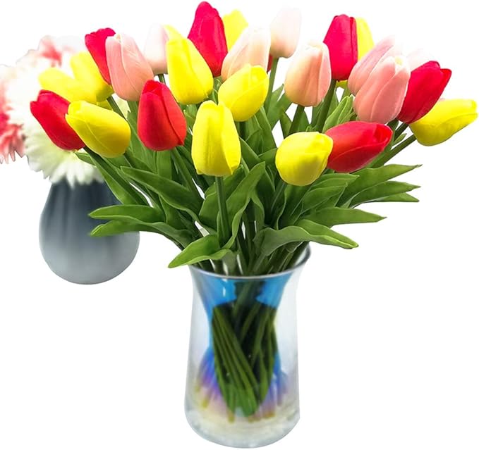 30pcs Artificial Tulips Flowers Real Touch Multicolored Tulips Fake Holland PU Tulip Bouquet Latex Flowers for Wedding Party Office Home Kitchen Decoration (Pink Yellow Red)