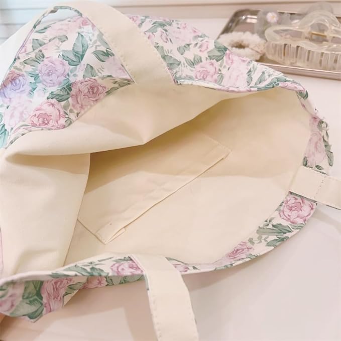 Cotton Canvas Tote Bag Reusable Soft Grocery Cloth Bag Floral Shoulder Bag for Beach Travel Shopping
