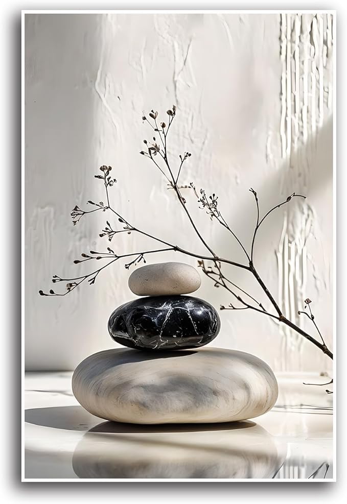 Gray and black stone pile and dried flowers poster canvas wall art in harmony Minimalist wall art for tranquil homes and mindful spaces 28x40in Frameless