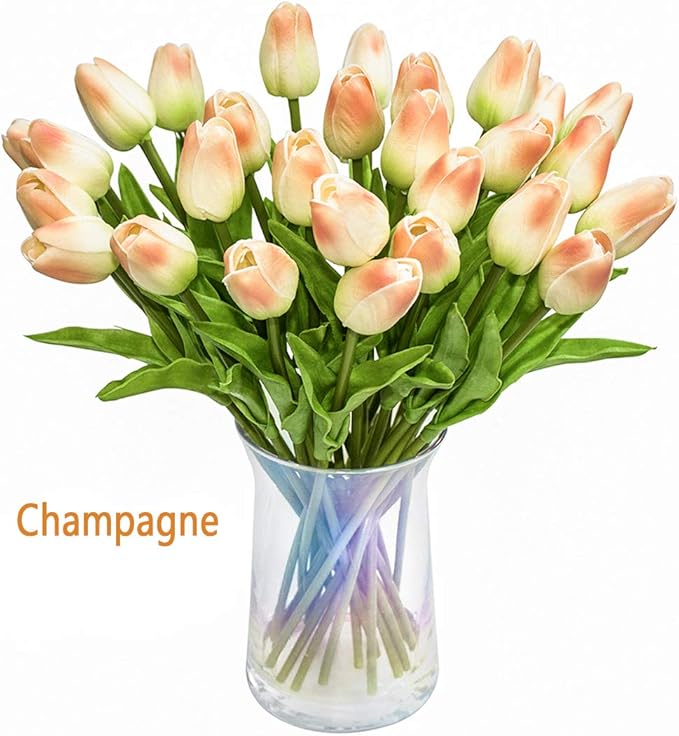 30pcs Artificial Tulips Flowers Real Touch Multicolored Tulips Fake Holland PU Tulip Bouquet Latex Flowers for Wedding Party Office Home Kitchen Decoration (Champagne Light Purple Pink)