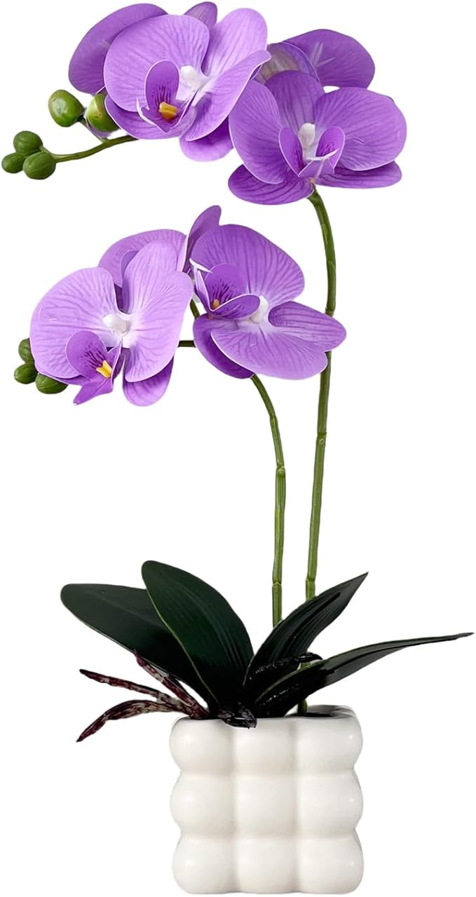 Artificial Orchid Flowers, 14 Inches Tall, Purple, Set in White Vases for Home Decor Orchid Artificial Flowers