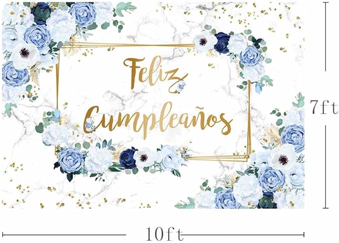 MEHOFOND 10x7ft Feliz cumpleaños Backdrop Blue and White Flowers Birthday Photography Background Girls Geometric Gold Glitter Dots Birthday Floral Party Decorations Cake Smash Decor Studio Photo Props