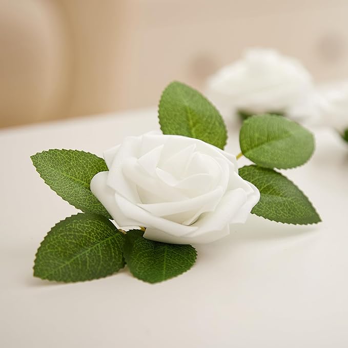 60Pcs Artificial Rose Flowers, Real Looking Fake Roses for Decorations, Foam Rose Bulk with Stems for DIY Wedding Bouquets Floral Arrangements Bridal Shower Party Home Decor (60, White)
