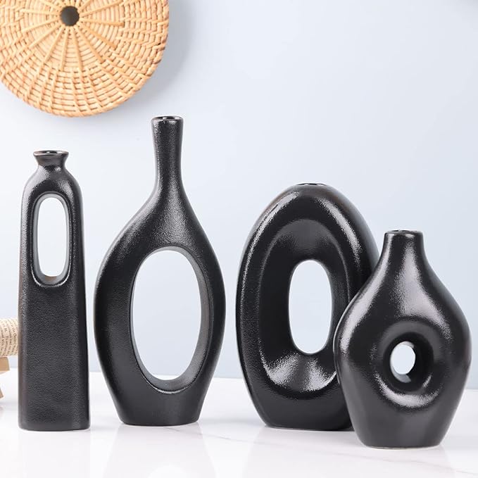 Black Ceramic Vase Set of 4 - Round Hollow Boho Vases for Pampas Grass and Flowers Decor, Modern Minimalist Small Vases for Living Room, Bedroom, Fireplace, Coffee Table Decor, and Centerpieces