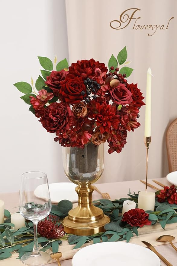 Floweroyal Artificial Flowers Combo Burgundy Flowers Mix Silk Flowers Dahlia Roses with Stems for DIY Wedding Bridal Bouquets, Baby Shower, Floral Arrangement, Table Centerpieces, Home Decorations.