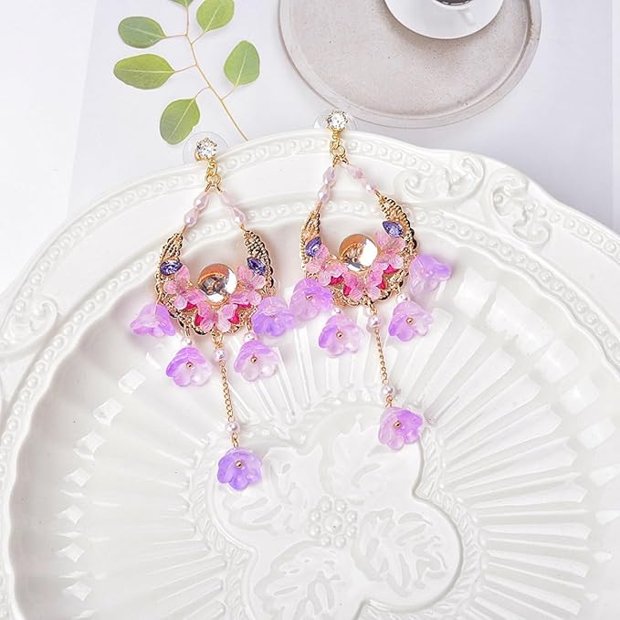 LadayPoa 100pcs Glass Bellflower Beads for Jewelry Making Trumpet Flower Beads Gradient Clear Cute Beads for Bracelets Making Aesthetic Bead Charms for DIY Necklace Decoration-Purple