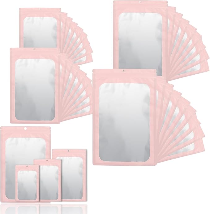 400 Pack 4 Size Bags with Clear Window,Scratch Resistant Hand Holographic Packaging Pouch,Resealable Bag for Small Bussiness Cookies Jewelry Candy Sample (Pink, 2.4×3.9,3x4.7,4×7,5.5×7.9 inch)