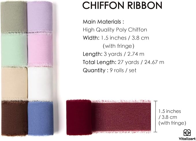 Vitalizart 9 Rolls 1.5" Chiffon Silk Ribbon Handmade Fringe Total 27 Yd Frayed Edges Ribbons for Wedding Invitations Gifts Wrapping Crafts Holiday Decor Bridal Bouquets