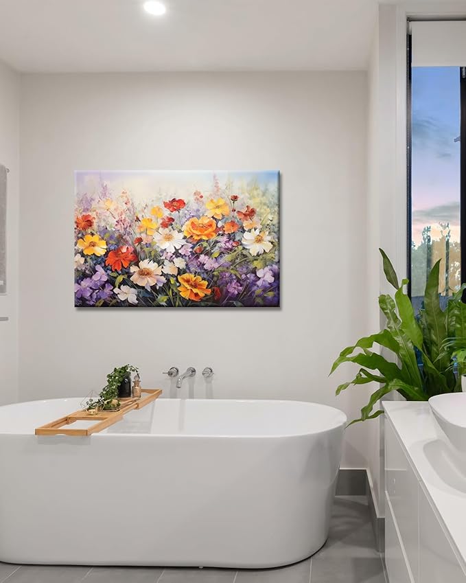 GLOKAKA Flowers Wall Art Colorful Landscape Lush Wildflowers Painting Print on Canvas Purple Yellow Floral Daisy Flower Picture for Home Bedroom Office Decor (Lush Flowers, 18"x12")