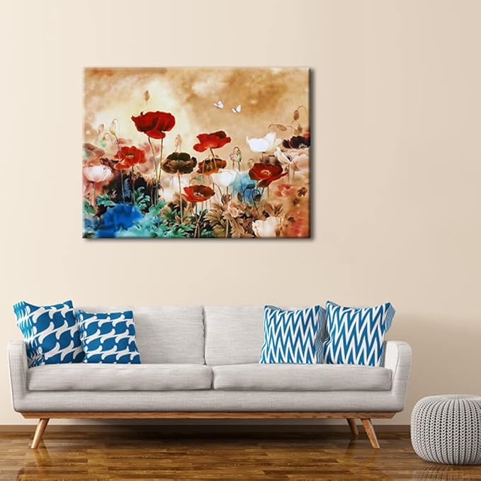 Wieco Art Blooming Poppies Large Colorful Flowers Pictures Paintings on Canvas Wall Art Modern Stretched and Framed Floral Giclee Canvas Prints Artwork for Living Room Bedroom Home Office Decor L