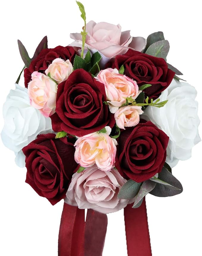 Rinlong 7" Wedding Bouquet for Bride Bridal Bridesmaid Vintage Artificial Flowers Burgundy Silk Bouquet Wedding