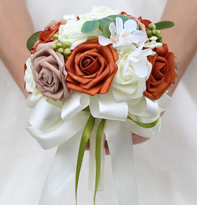 Lightweight Bridal Wedding Bouquet Round Holding Bouquet Throw Toss Artificial Rose Flower Bunch for Bride Bridesmaid Wedding Quinceanera (Cream, Coral & Rosy Brown, 7.9")