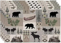 Retro Rustic Lodge Bears Deer Placemats Set of 4, Vintage Cabin Pine Tree Farmhouse Country Style Place Mats, Heat Resistant Non Slip Cotton Linen Dining Table Mats for Home Kitchen 18x12 Inch