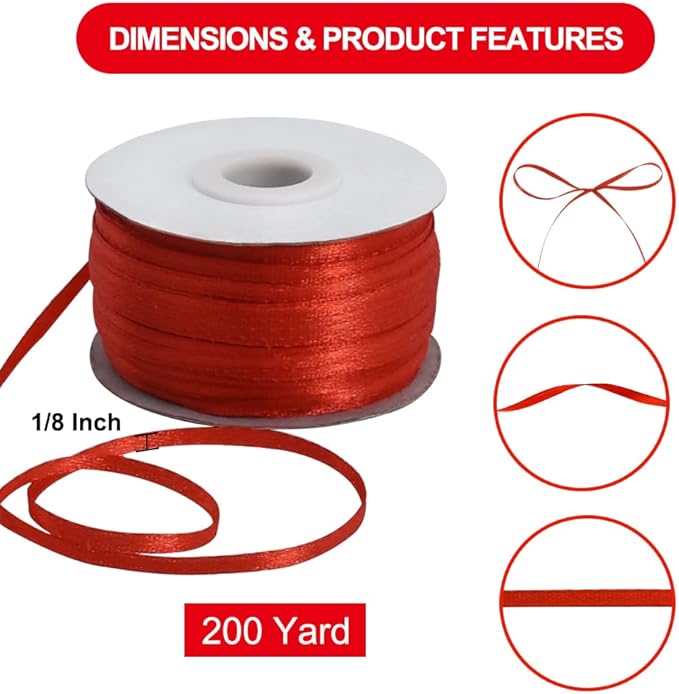 TONIFUL 1/8 Inch x 200 Yards Red Thin Solid Satin Ribbon Giant Spool Double Face Ribbons for Crafts Hanging Tags Invitation Card Balloons Bouquet Hair Gift Wrapping Party Decoration